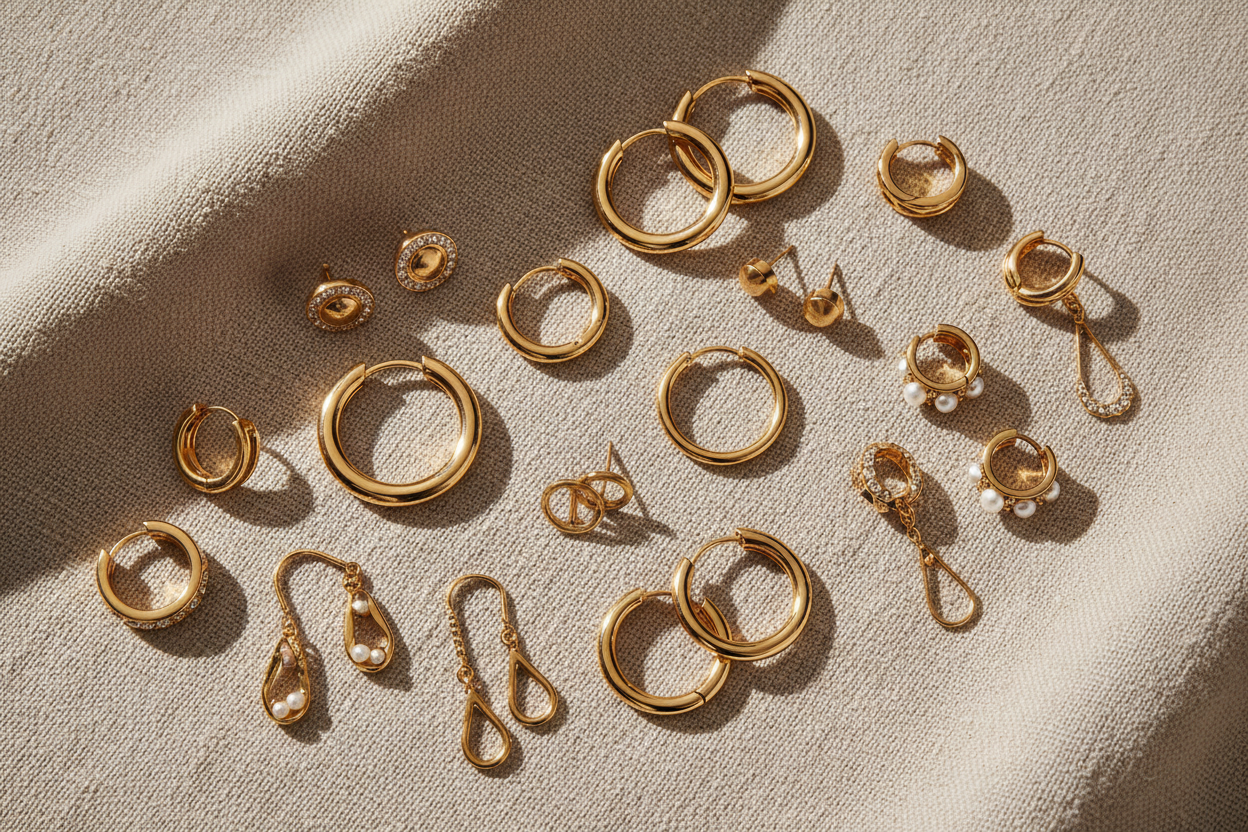 variety of gold earrings on a linen cloth 